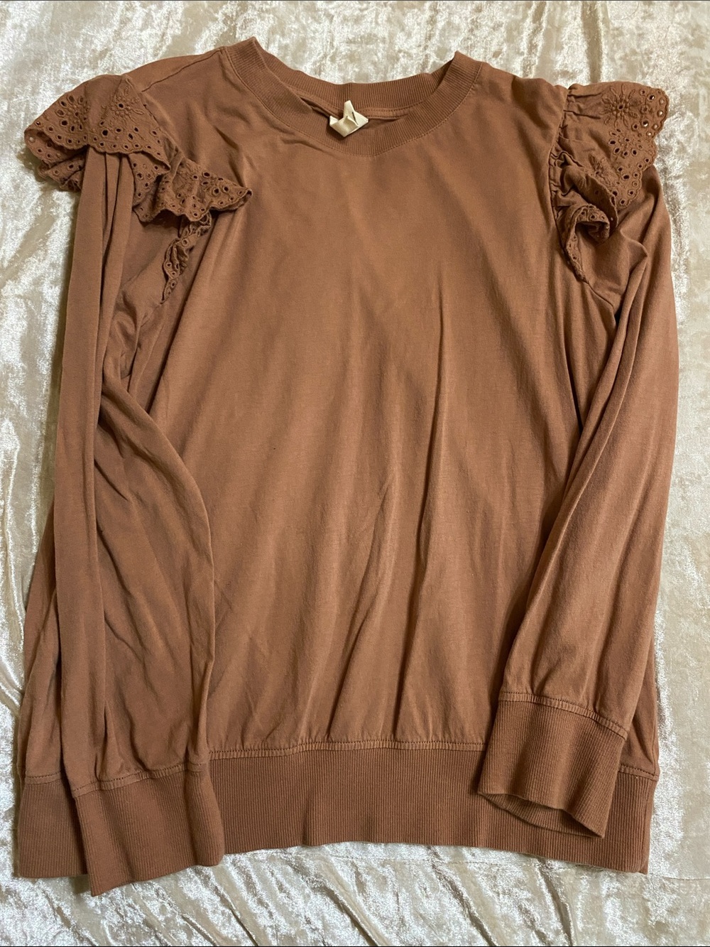 Ruffle Shoulder Long Sleeve Sweatshirt in Brown